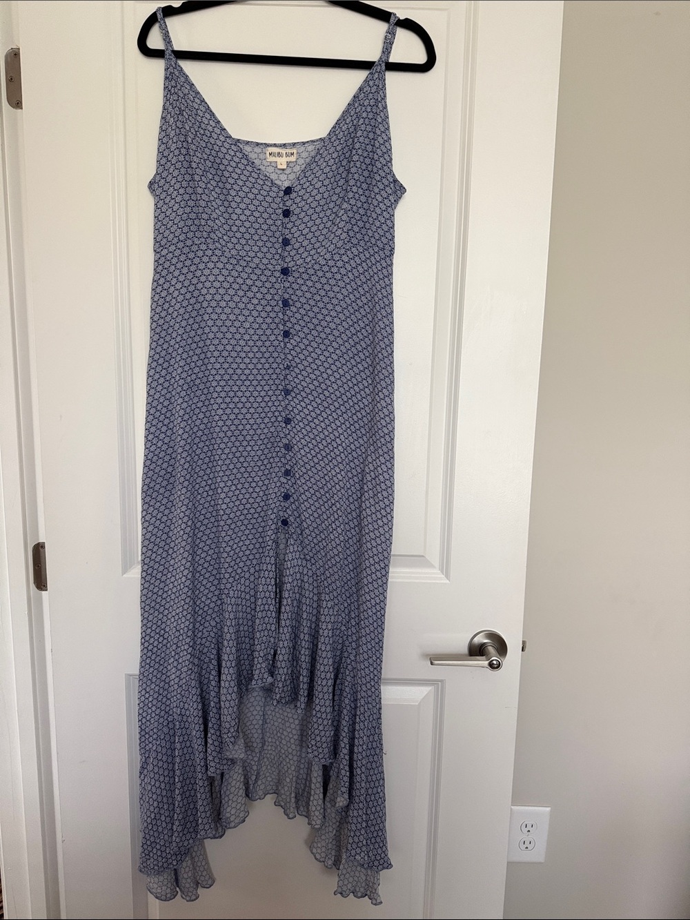 Blue Printed Button-Front High-Low Slip Dress